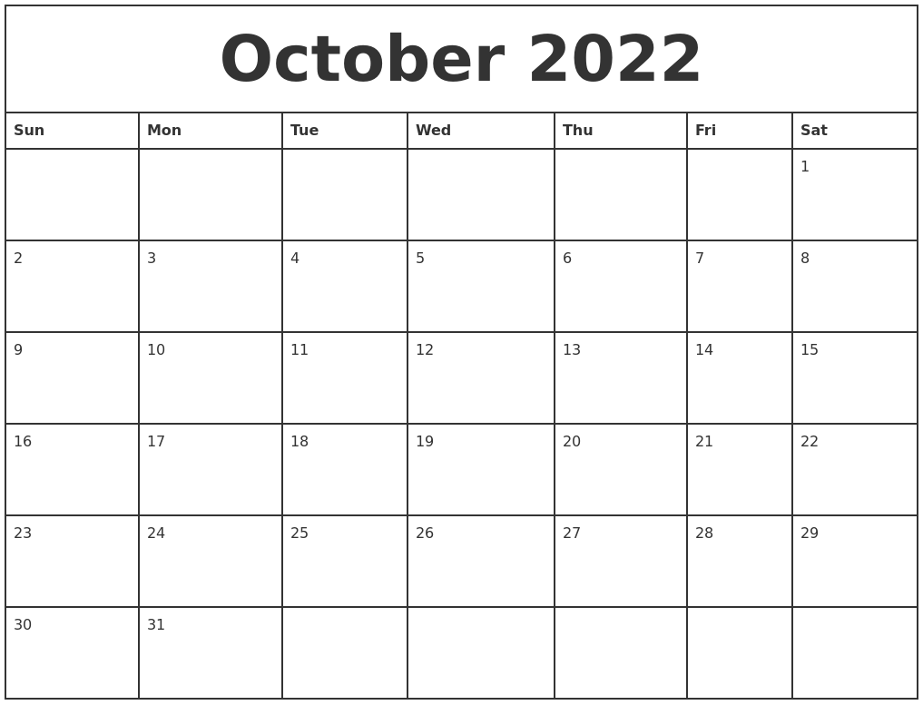 October 2022 Printable Monthly Calendar