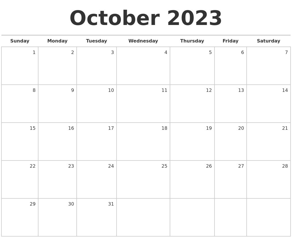 October 2023 Blank Monthly Calendar