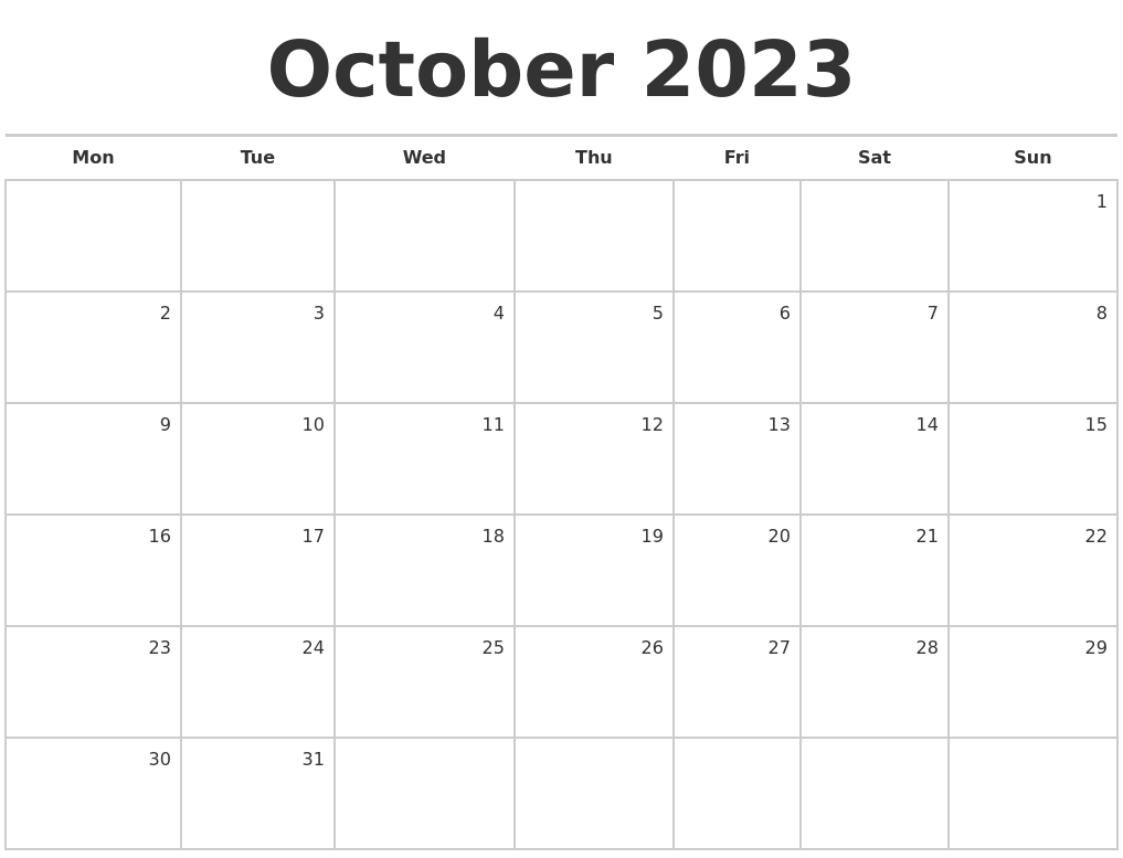 October 2023 Blank Monthly Calendar
