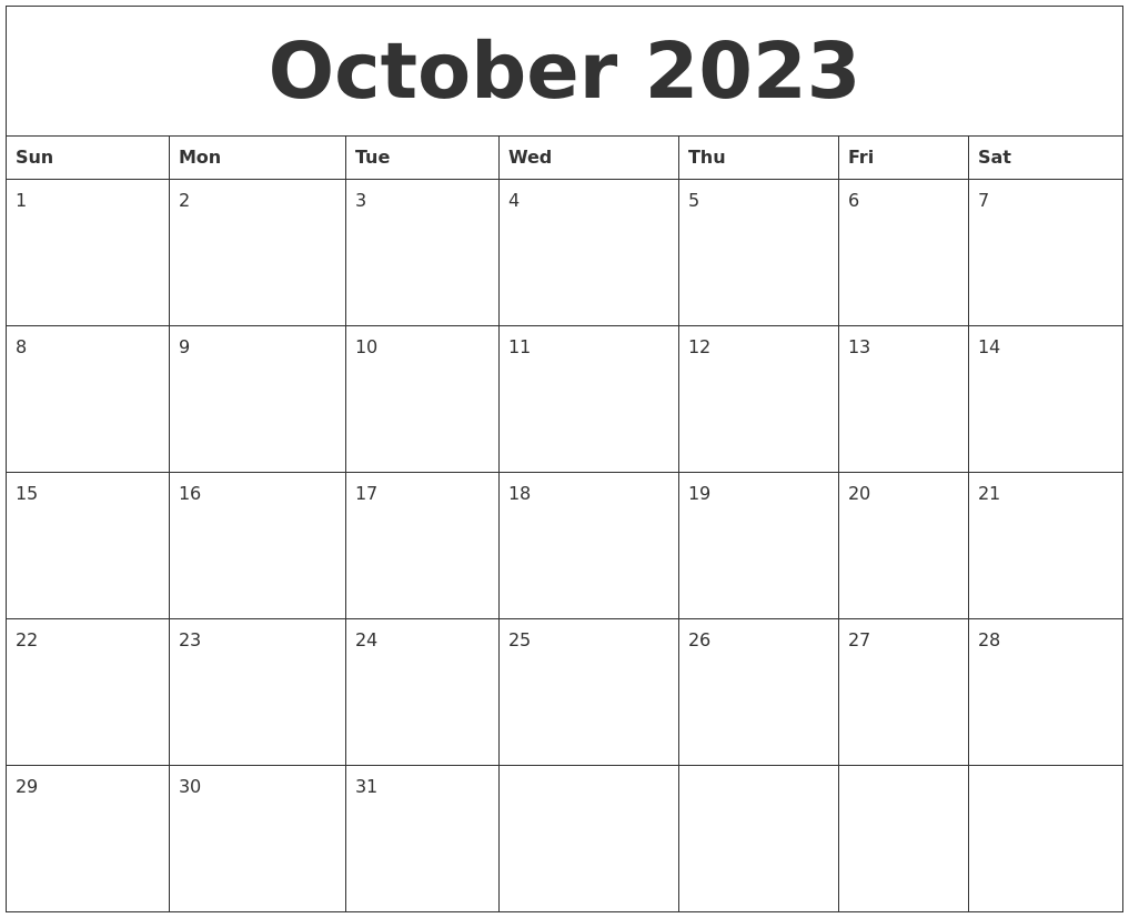 October 2023 Blank Monthly Calendar Template