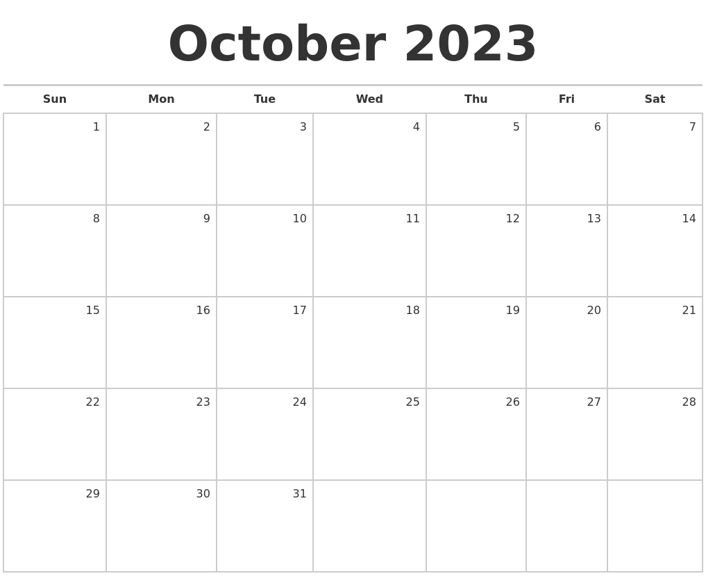 October 2023 Blank Monthly Calendar