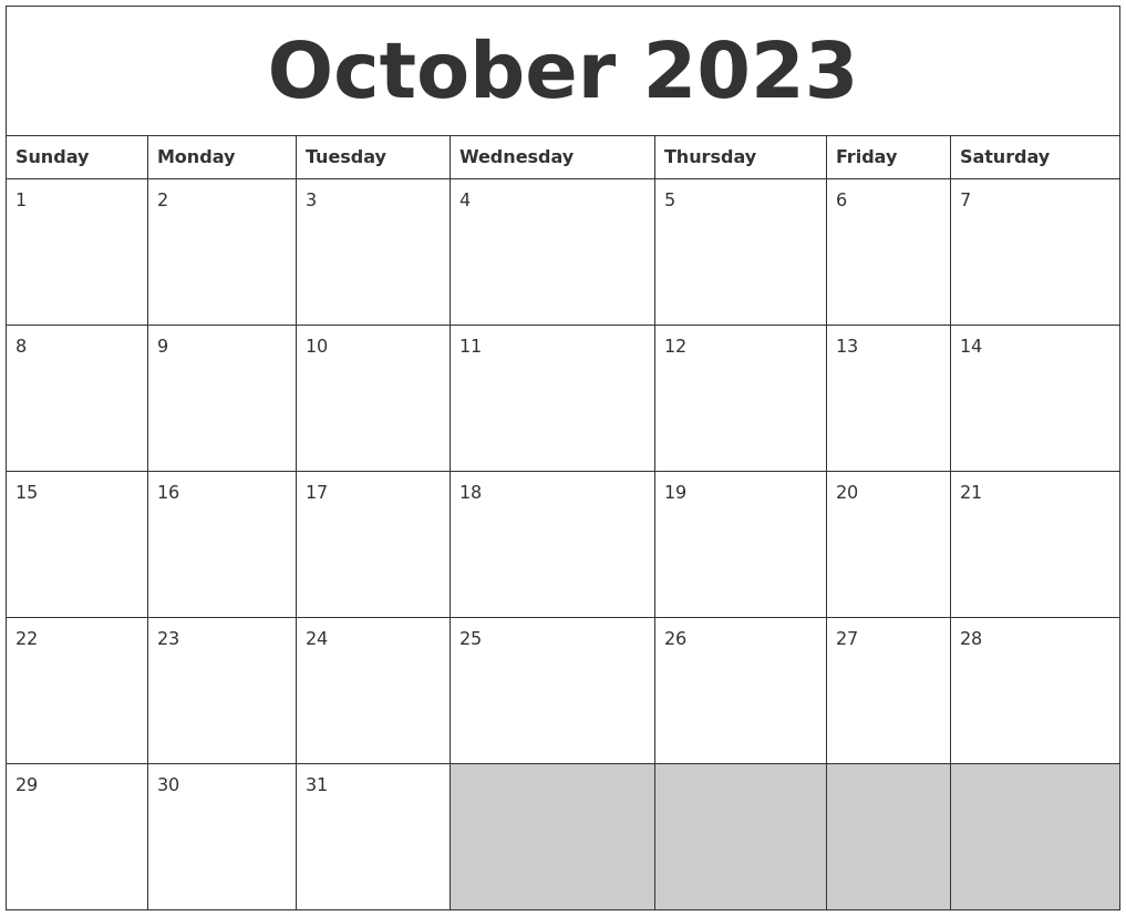 October 2023 Blank Printable Calendar