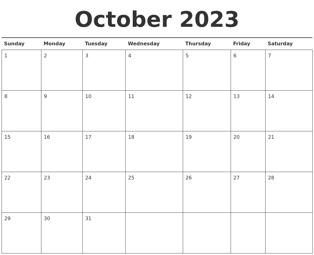 October 2023 Calendar Printable