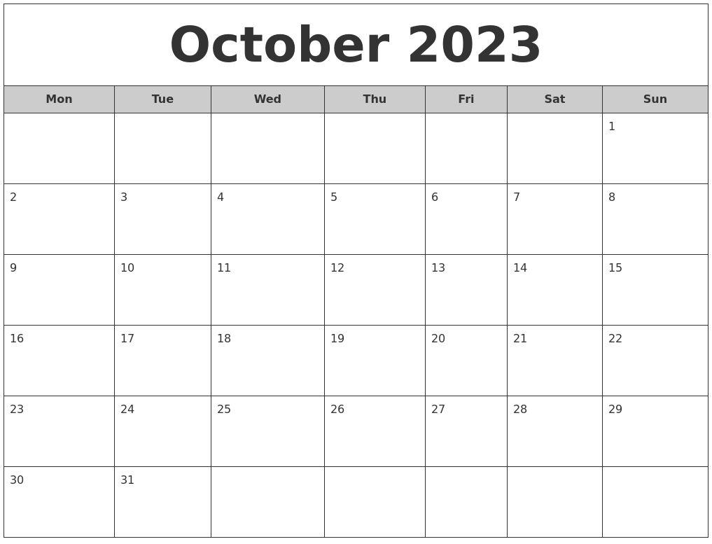 October 2023 Free Monthly Calendar