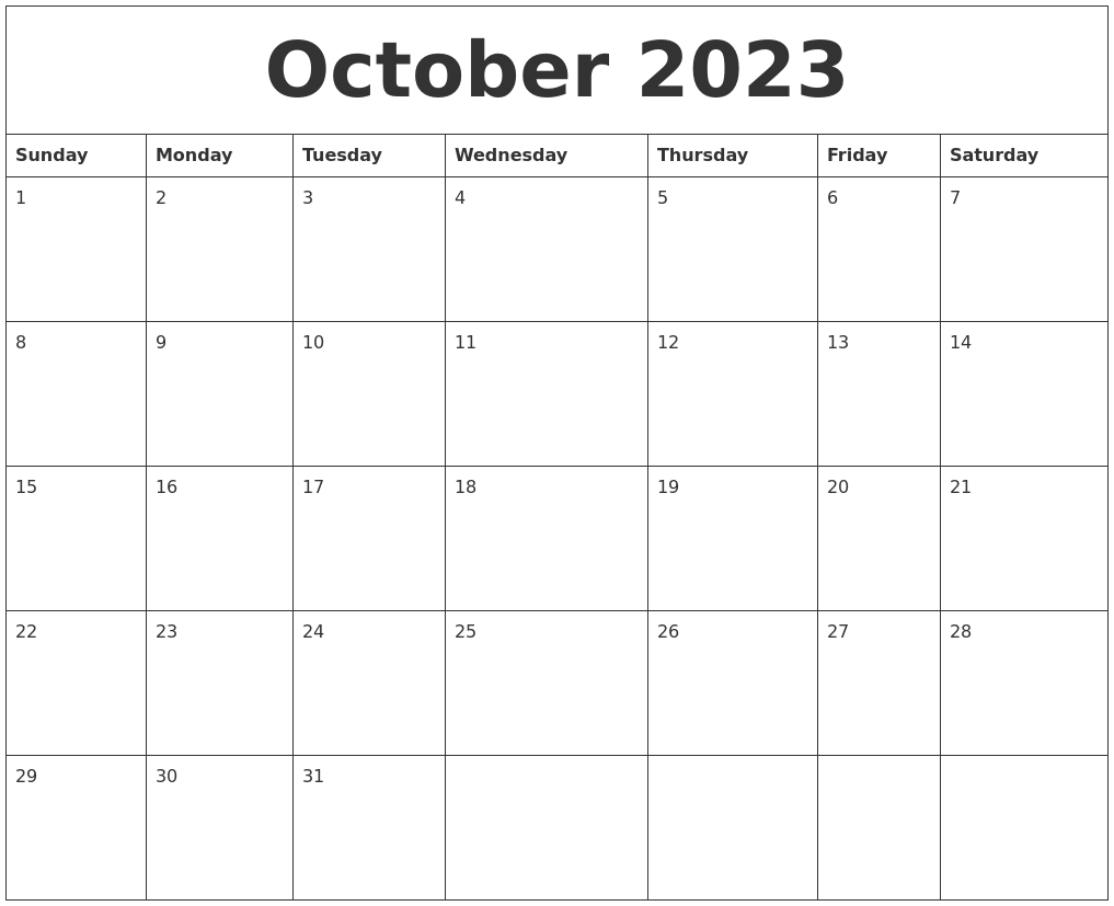 October 2023 Free Printable Monthly Calendar