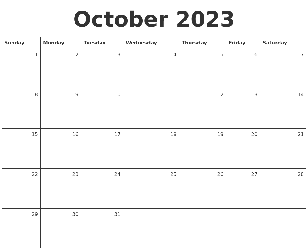 October 2023 Monthly Calendar