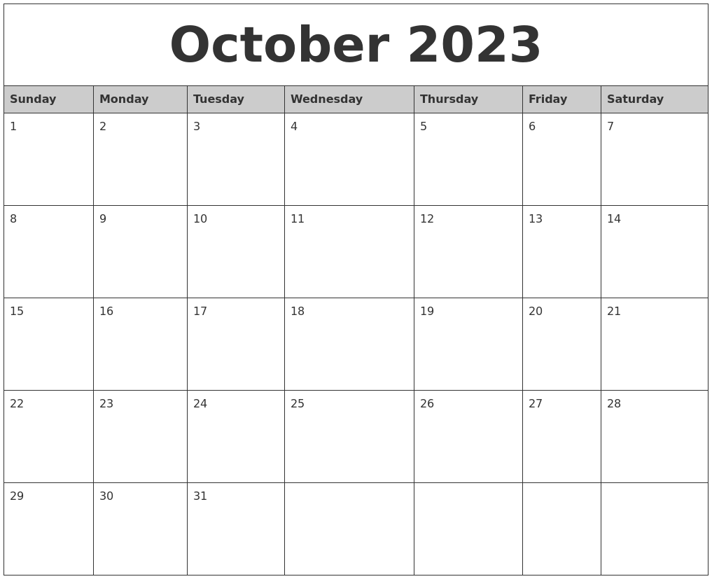 October 2023 Monthly Calendar Printable