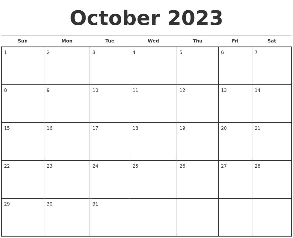 October 2023 Monthly Calendar Template