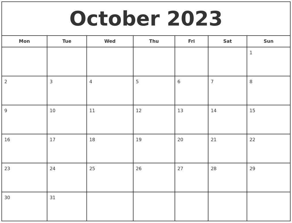 October 2023 Print Free Calendar