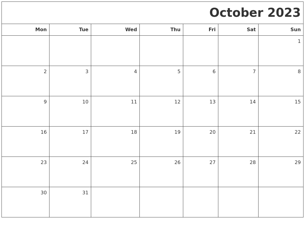 October 2023 Printable Blank Calendar