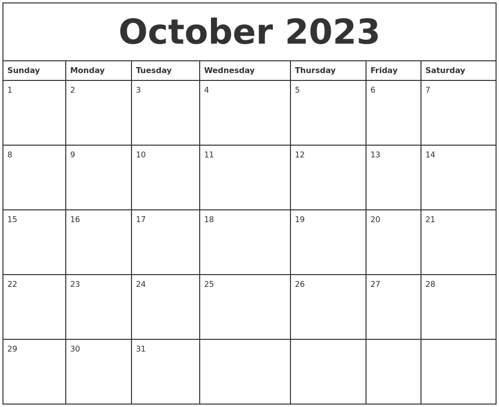 October 2023 Printable Monthly Calendar