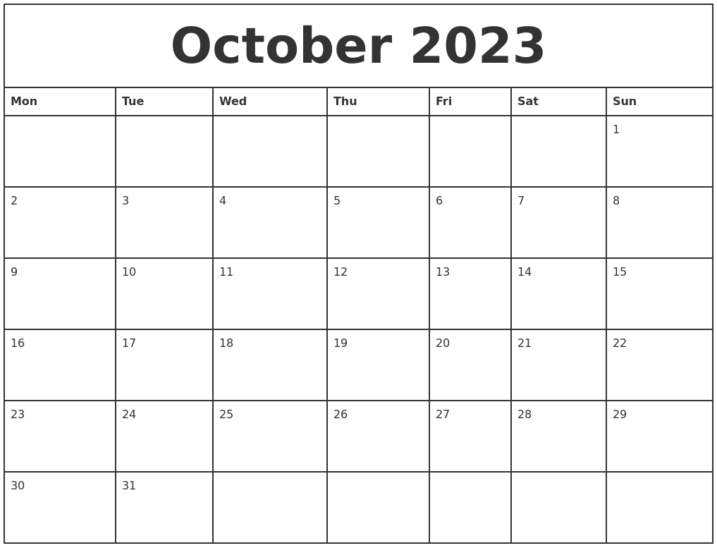 October 2023 Printable Monthly Calendar