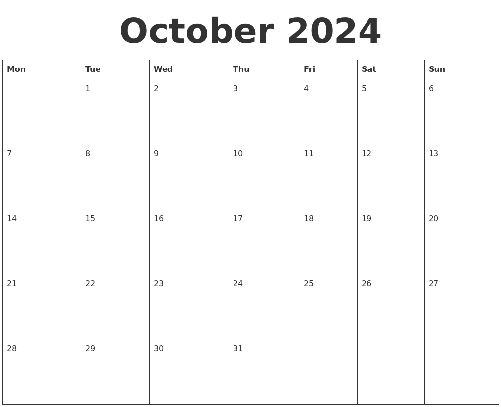 Blank Calendar Template October 2024