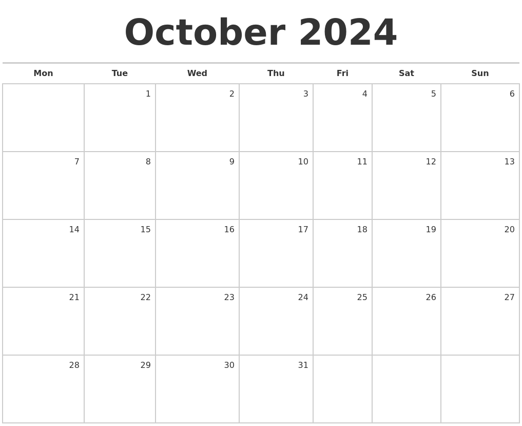 October 2024 Blank Monthly Calendar