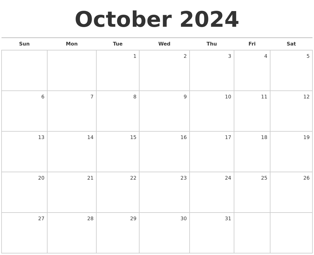 October 2024 Blank Monthly Calendar