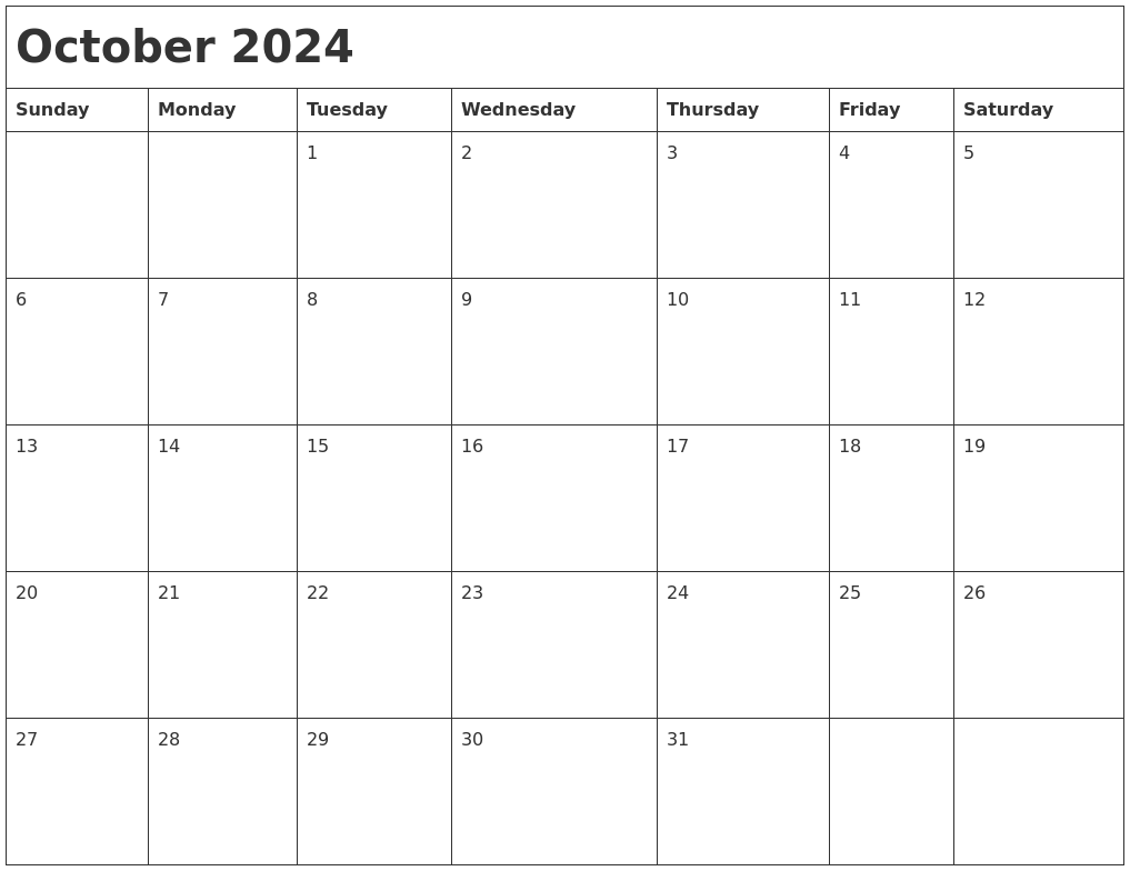 October 2024 Month Calendar