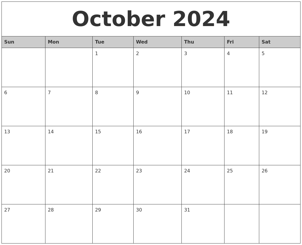October 2024 Monthly Calendar Printable