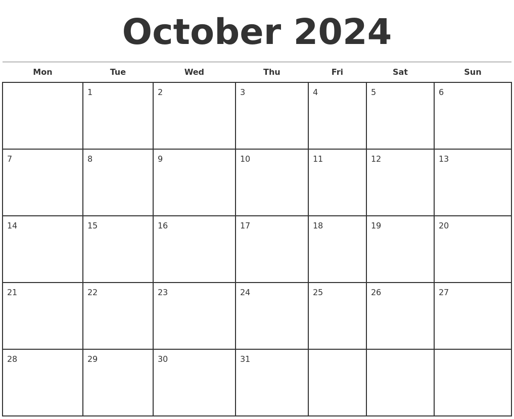 October 2024 Monthly Calendar Template