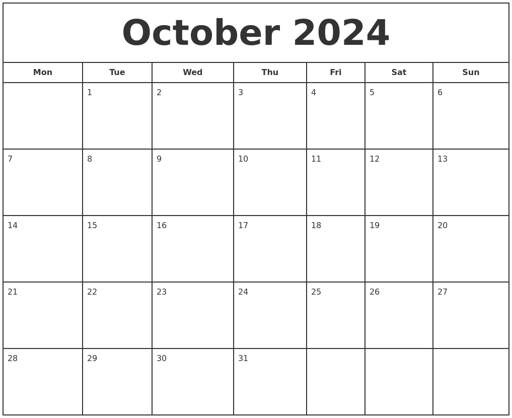 October 2024 Print Free Calendar