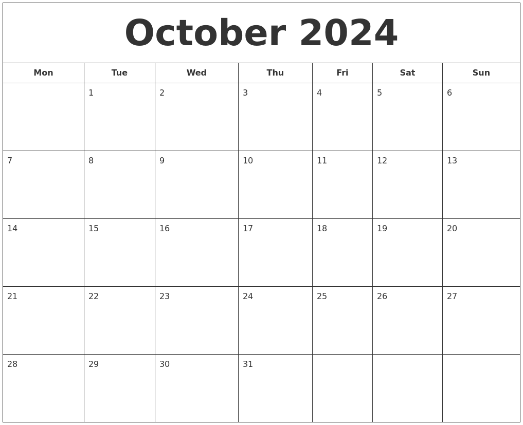 Free Printable Calender October 2024