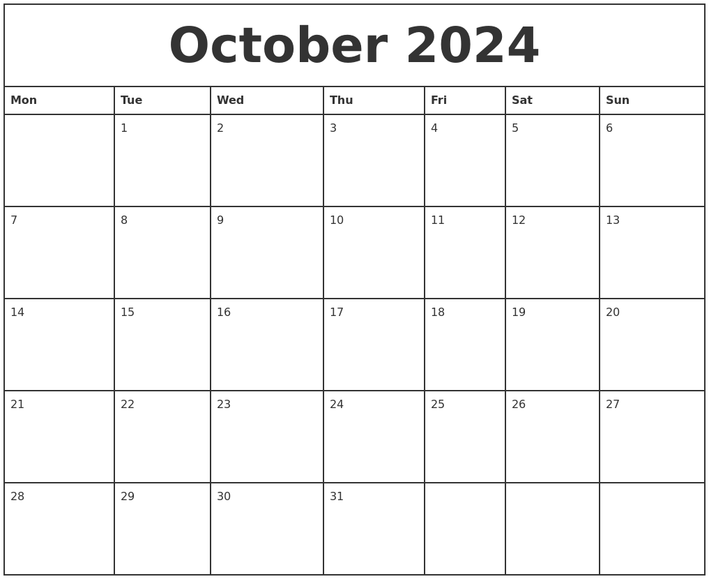 October 2024 Printable Monthly Calendar