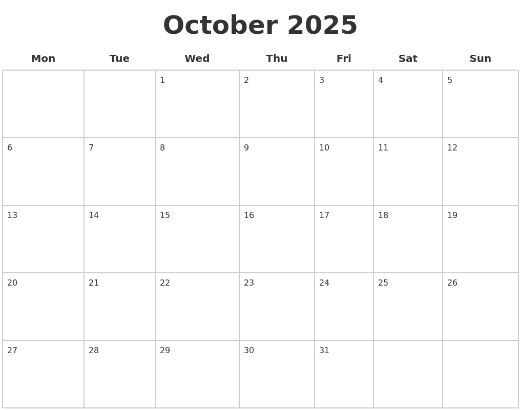 October 2025 Blank Calendar Pages