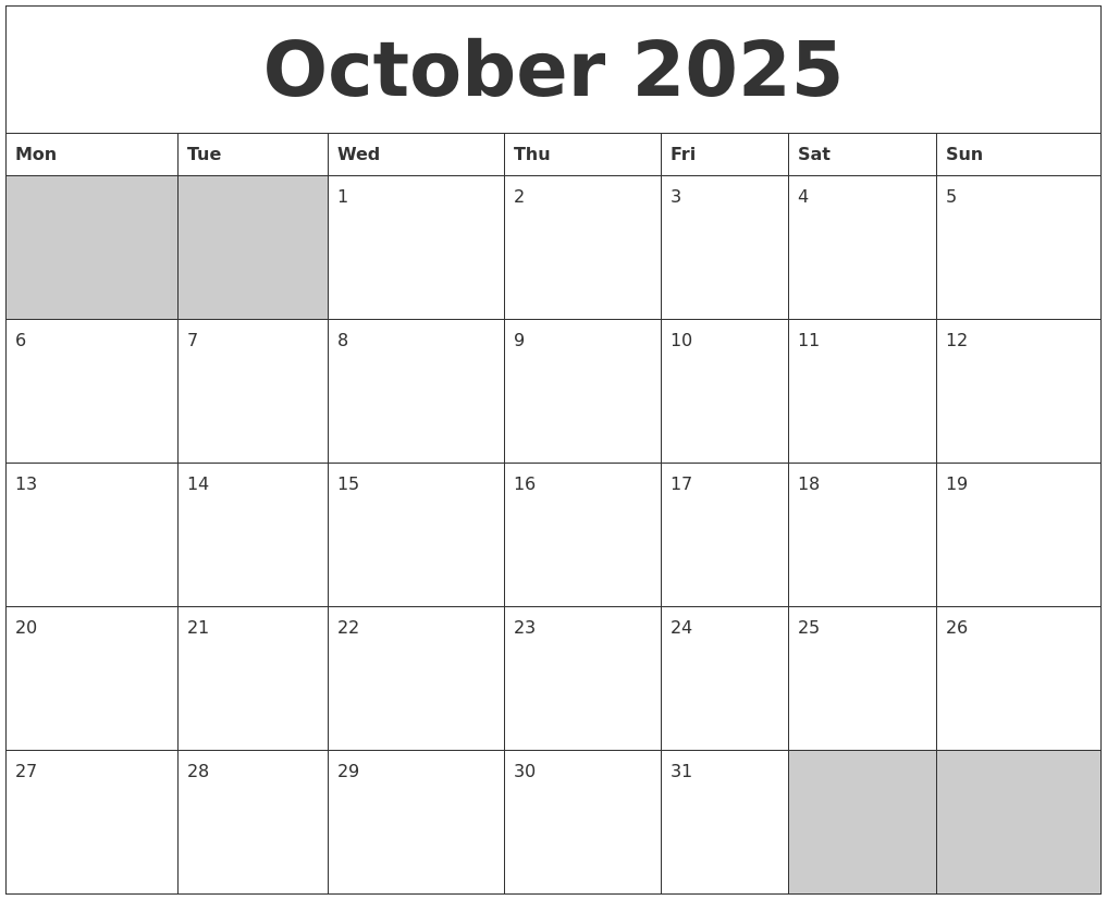 October 2025 Blank Printable Calendar