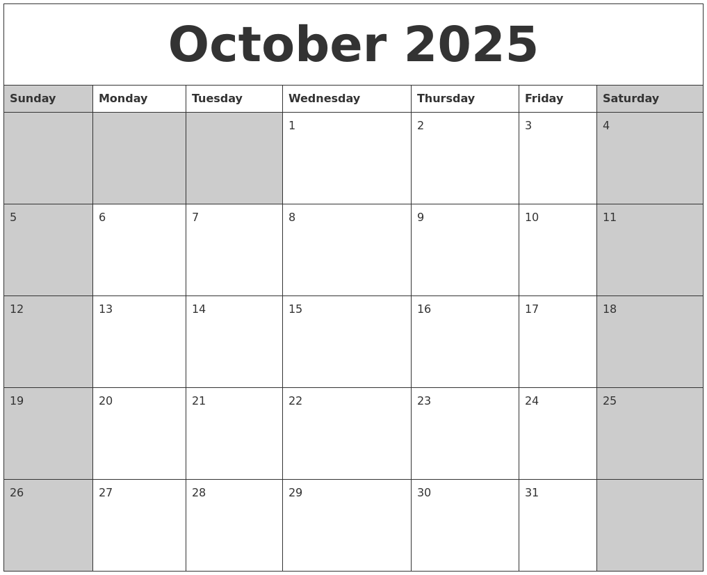 October 2025 Calanders