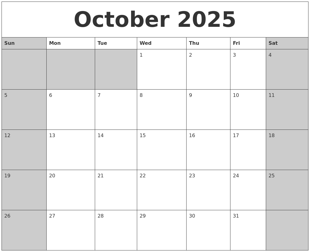 October 2025 Calanders