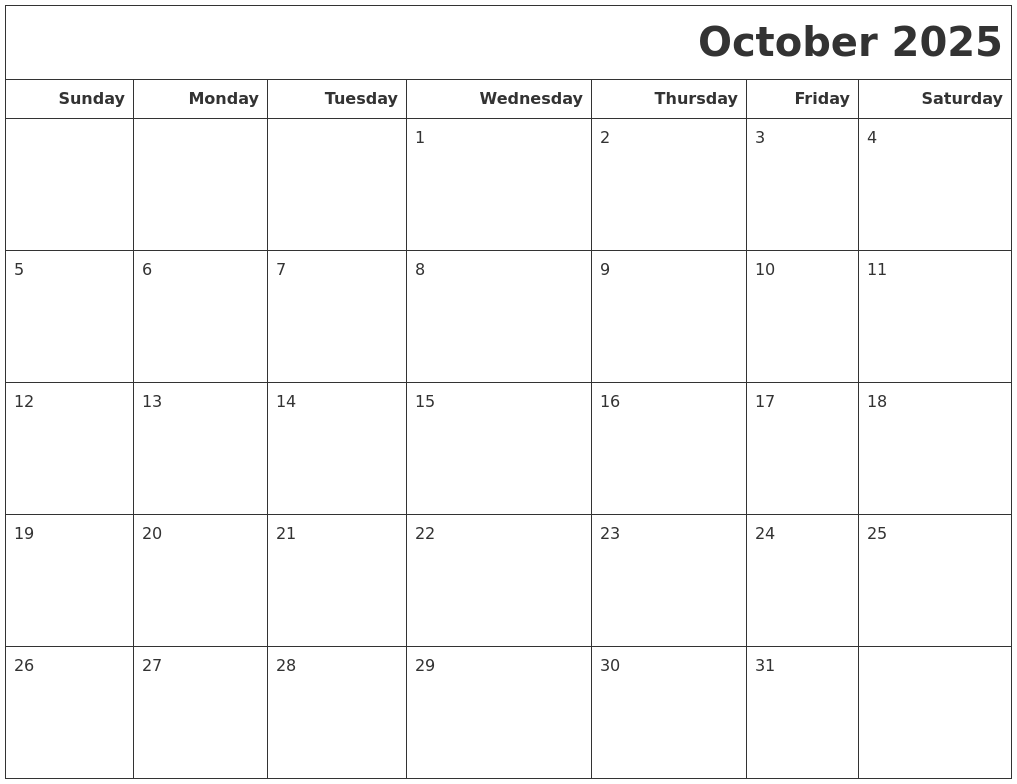 October 2025 Calendars To Print