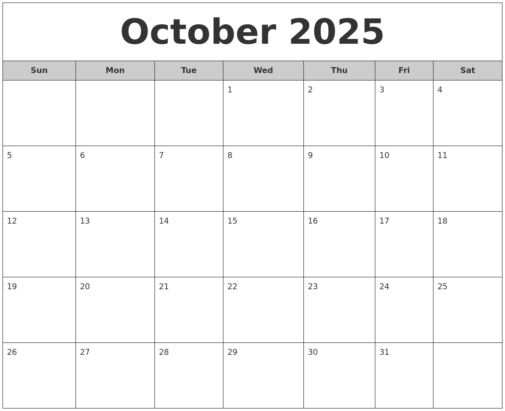 October 2025 Free Monthly Calendar