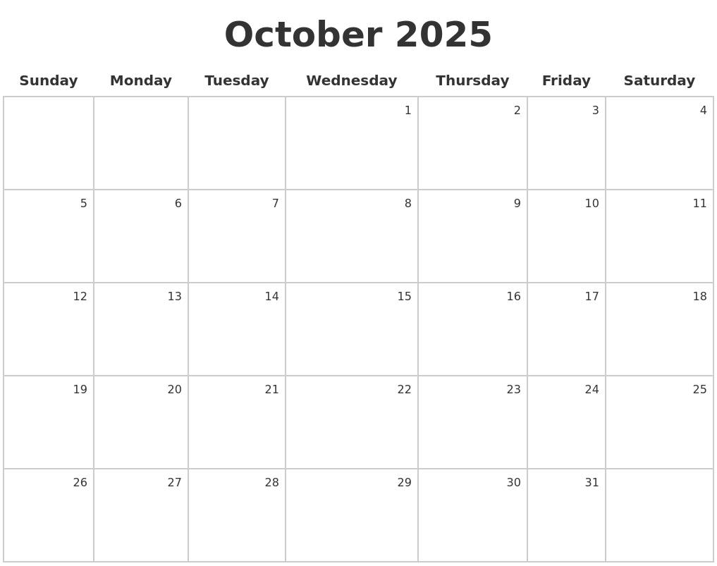 Calendar October 2025 To October 2025