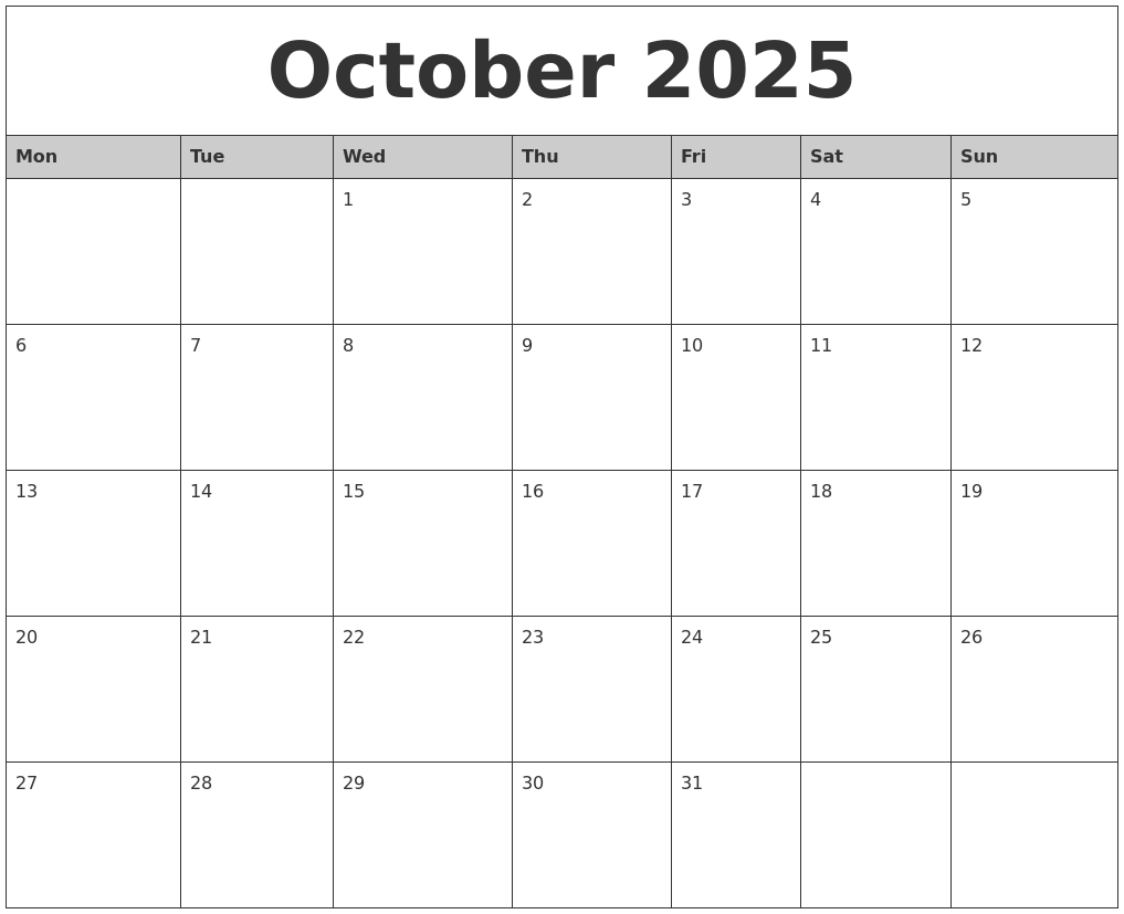 October 2025 Monthly Calendar Printable