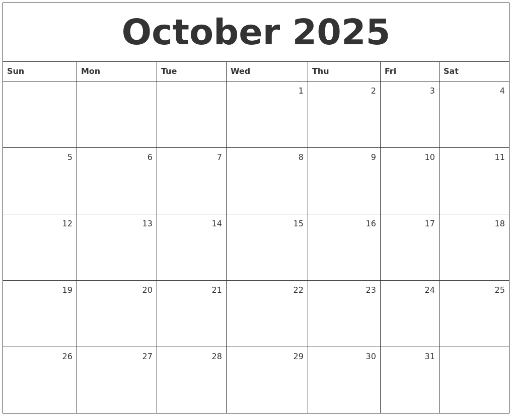 October 2025 Monthly Calendar