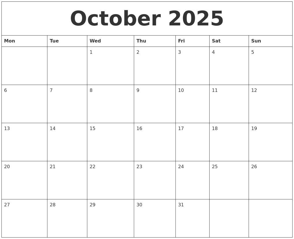 October 2025 Monthly Printable Calendar