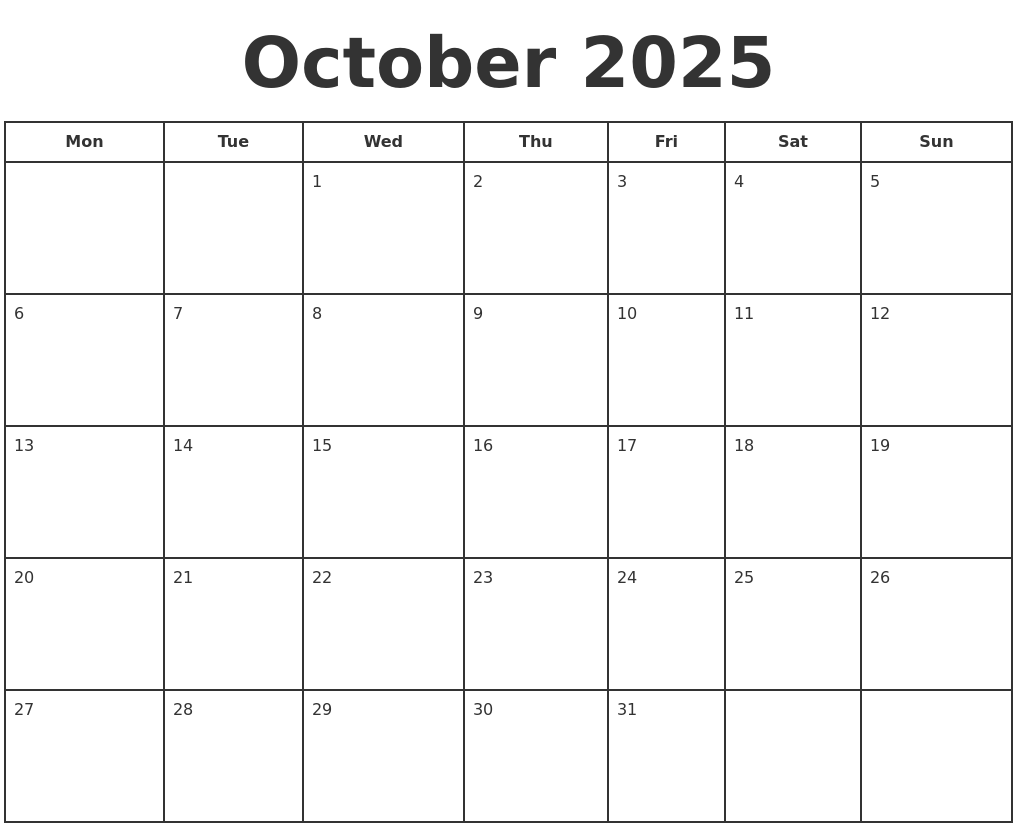 October 2025 Print A Calendar