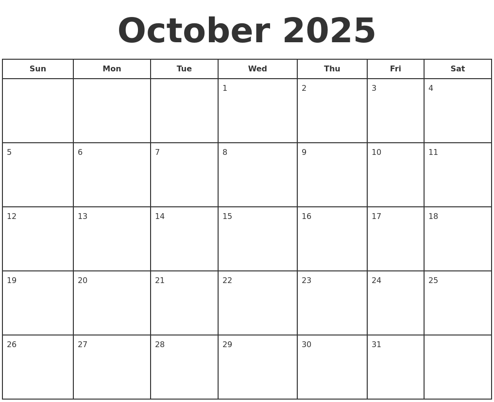 October 2025 Print A Calendar