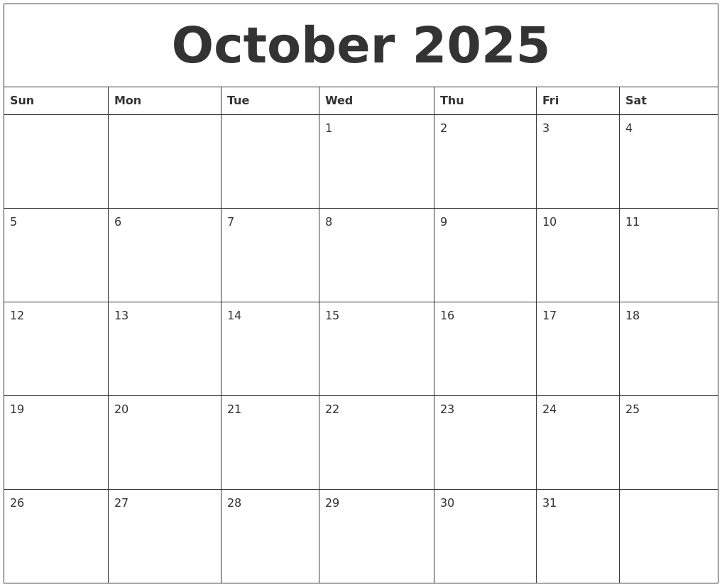 October 2025 Print Blank Calendar