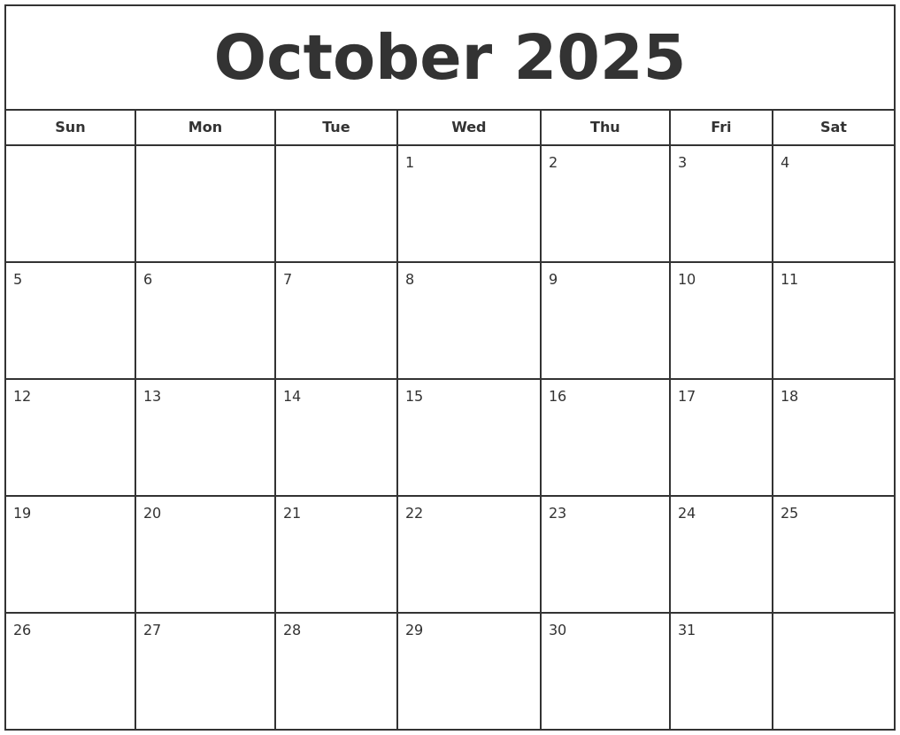 October 2025 Print Free Calendar