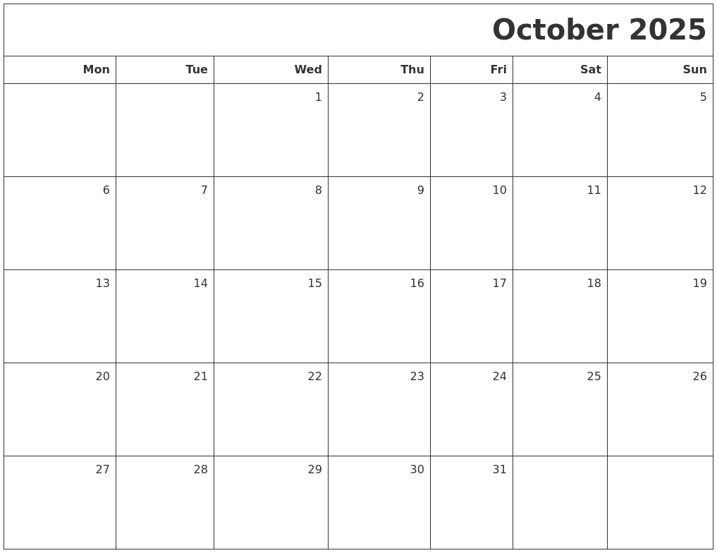 October 2025 Printable Blank Calendar