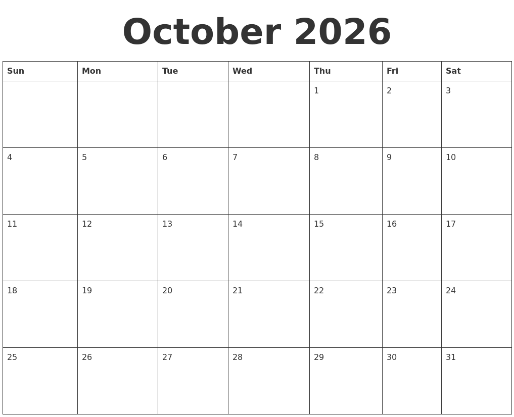 October 2026 Blank Calendar Template