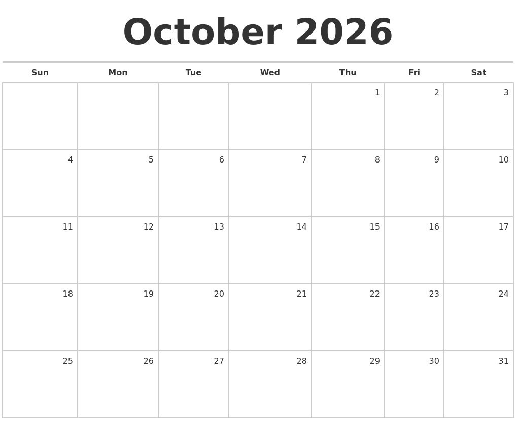 October 2026 Blank Monthly Calendar