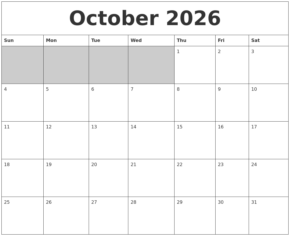 October 2026 Blank Printable Calendar