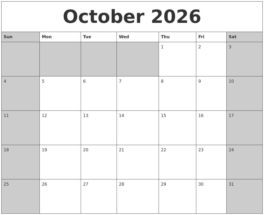 October 2026 Calanders