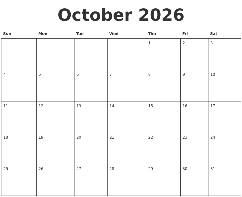 October 2026 Calendar Printable