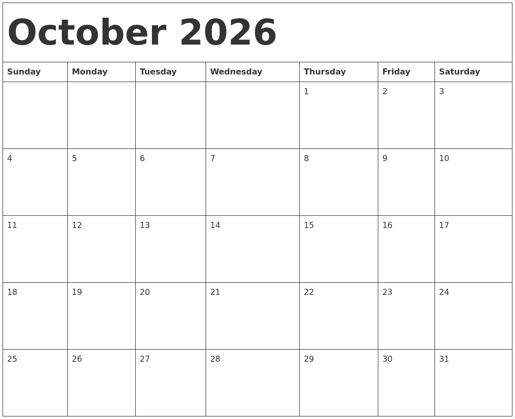 October 2026 Calendar Template October 2026 Calendar Template