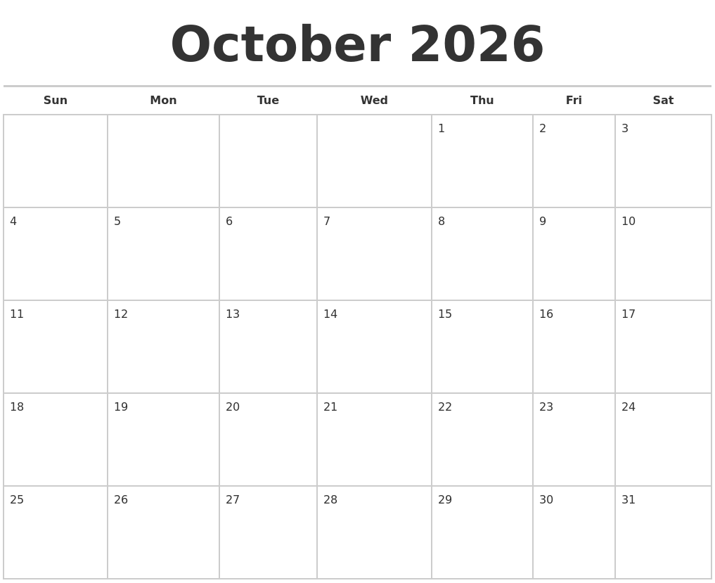 October 2026 Calendars Free