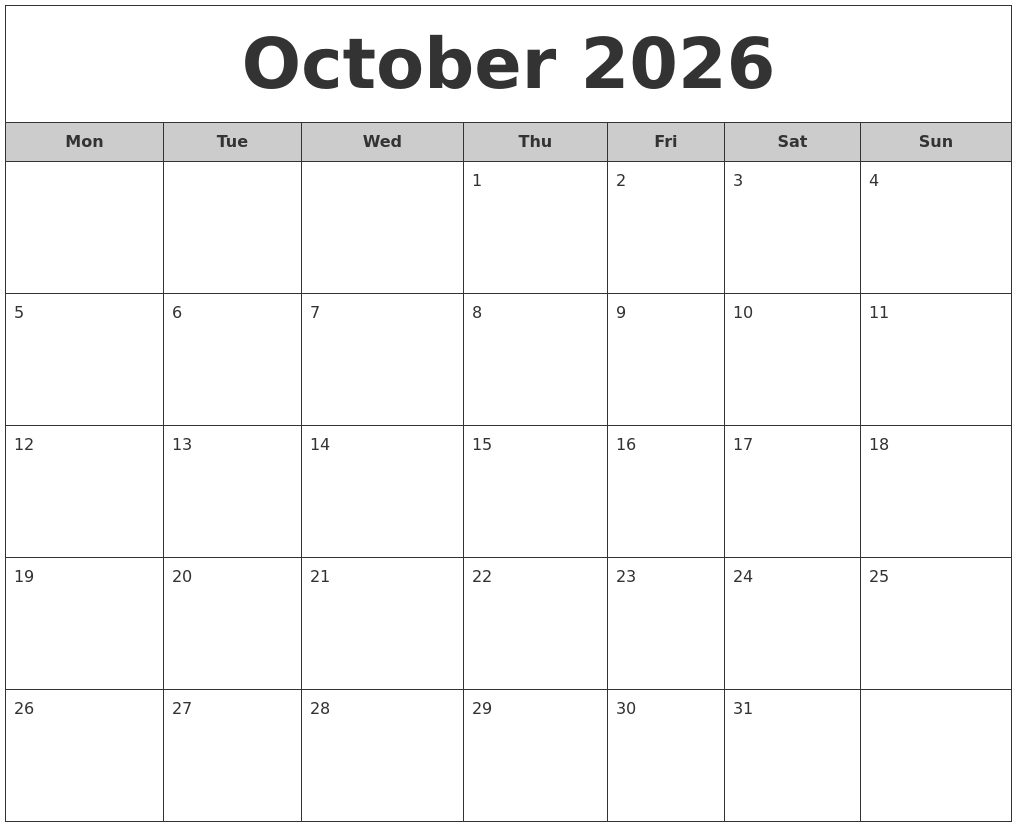 October 2026 Free Monthly Calendar