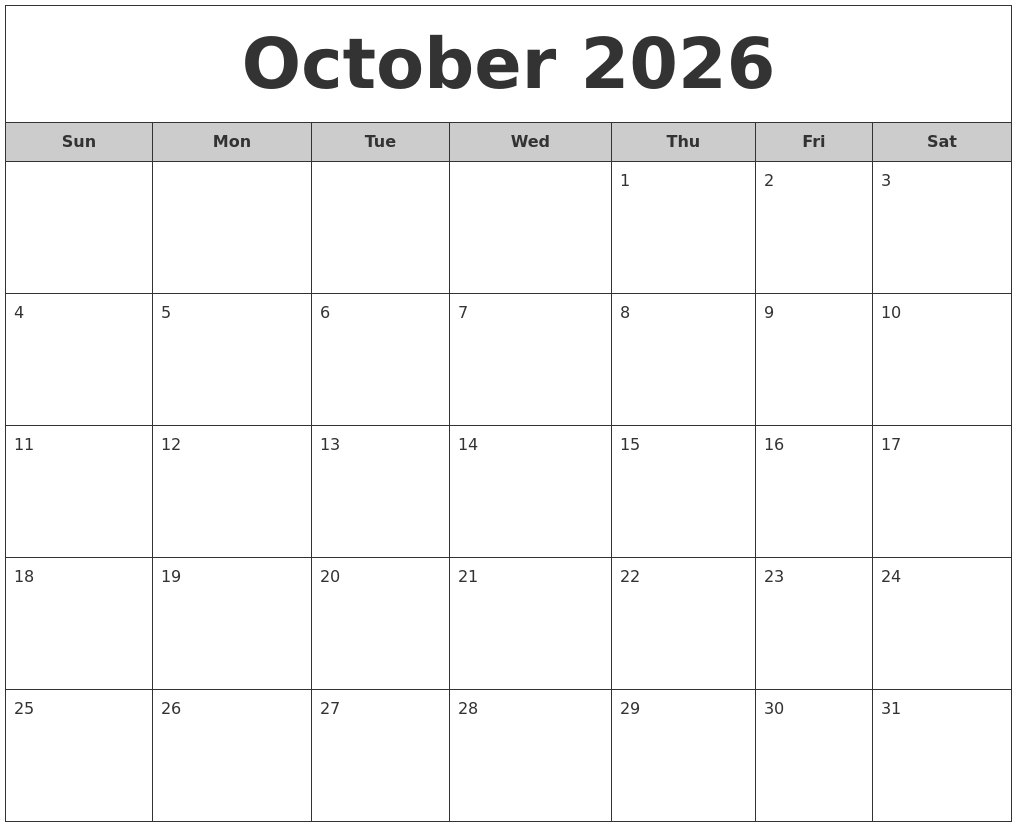 October 2026 Free Monthly Calendar