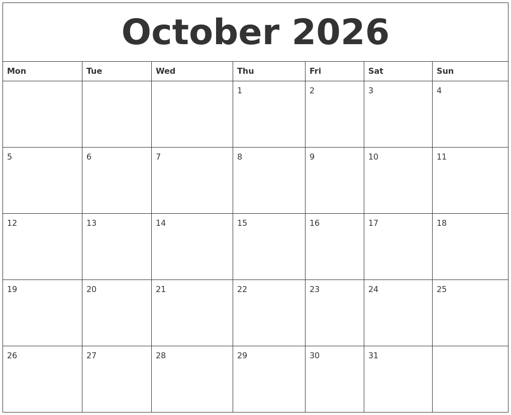October 2026 Free Online Calendar